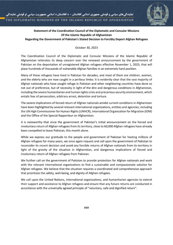 Statement of the Coordination Council of the Diplomatic and Consular Missions of Afghanistan Regarding the Government of Pakistan’s Stated Decision to Forcibly Deport Afghan Refugees.